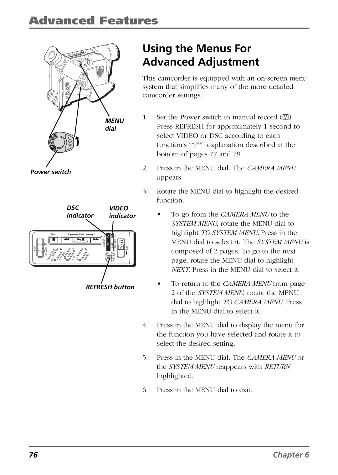 RCA CC6394 manual Advanced Features, Using the Menus For Advanced Adjustment 