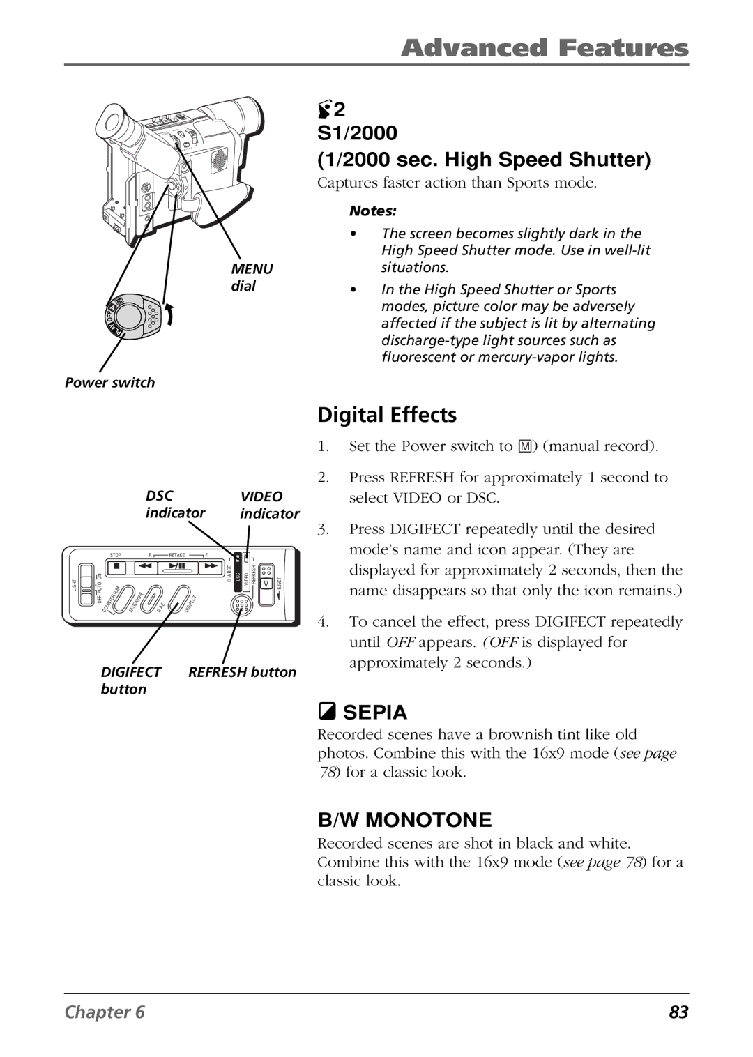 RCA CC6394 manual Digital Effects, S1/2000 2000 sec. High Speed Shutter 