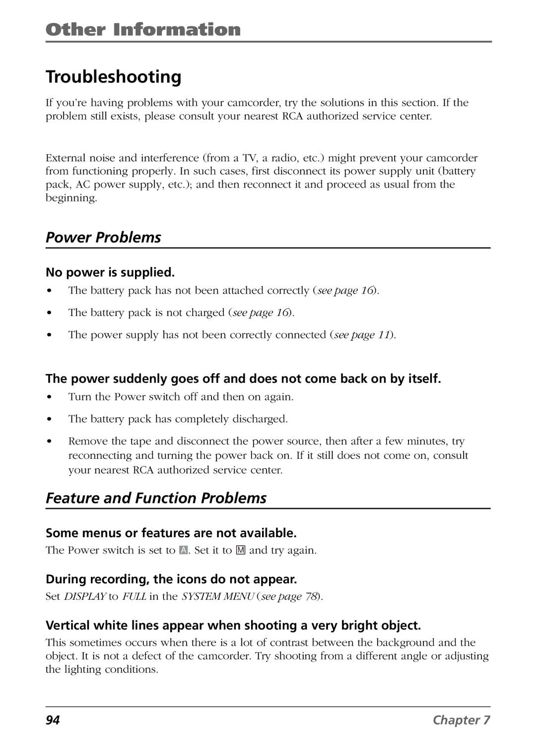 RCA CC6394 manual Troubleshooting, No power is supplied, Power suddenly goes off and does not come back on by itself 