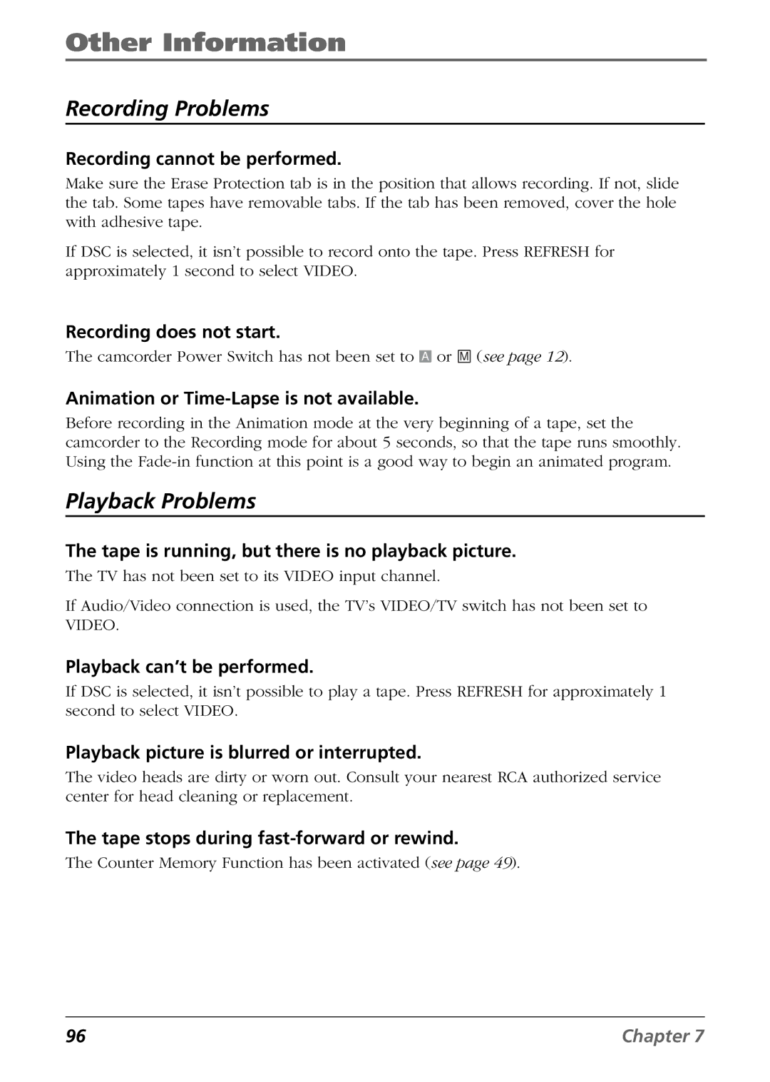 RCA CC6394 manual Recording cannot be performed, Recording does not start, Animation or Time-Lapse is not available 