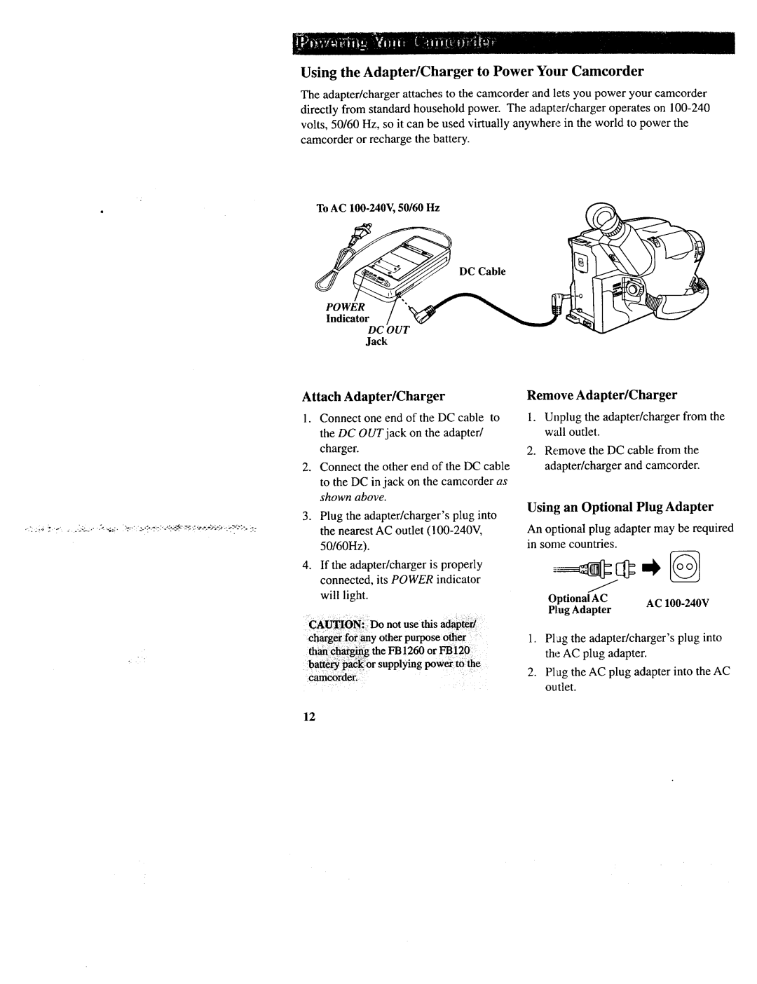 RCA CC643 manual Using the Adapter/Charger to Power Your Camcorder, Using an Optional Plug Adapter 