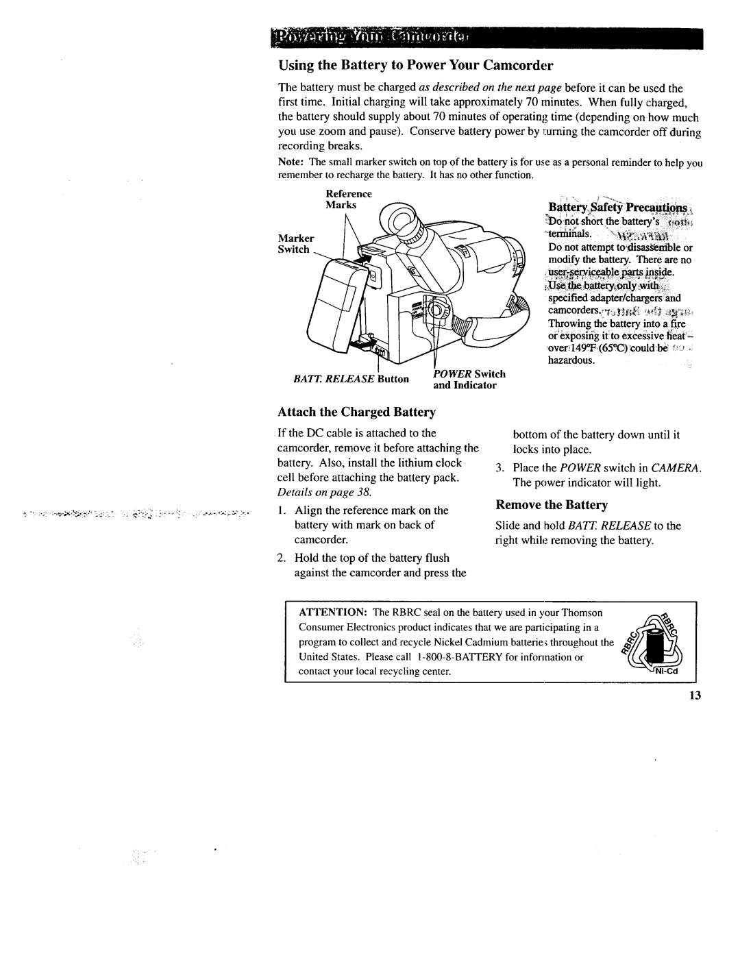 RCA CC643 manual Using the Battery to Power Your Camcorder, Attach Charged Battery 