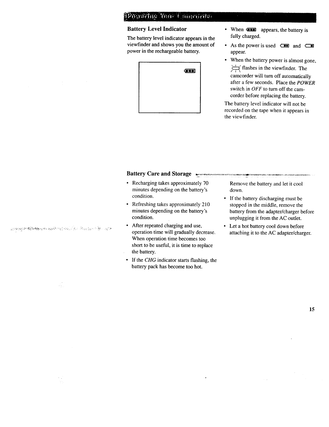 RCA CC643 manual Battery Level Indicator, Battery Care Storage 