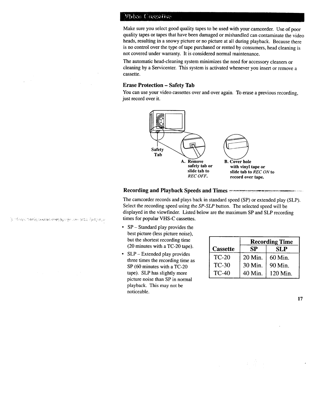 RCA CC643 manual Recording Time Cassette SP SLP, Recording and Playback Speeds and Times 