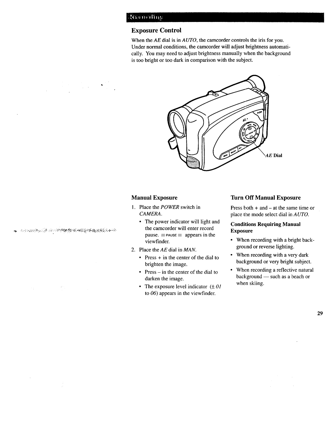 RCA CC643 manual Exposure Control, Turn Off Manual Exposure, Conditions Requiring Manual Exposure 