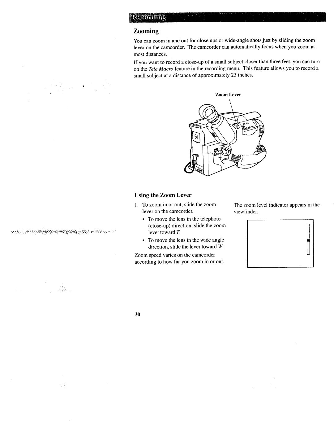 RCA CC643 manual Zooming, Zoom Lever 