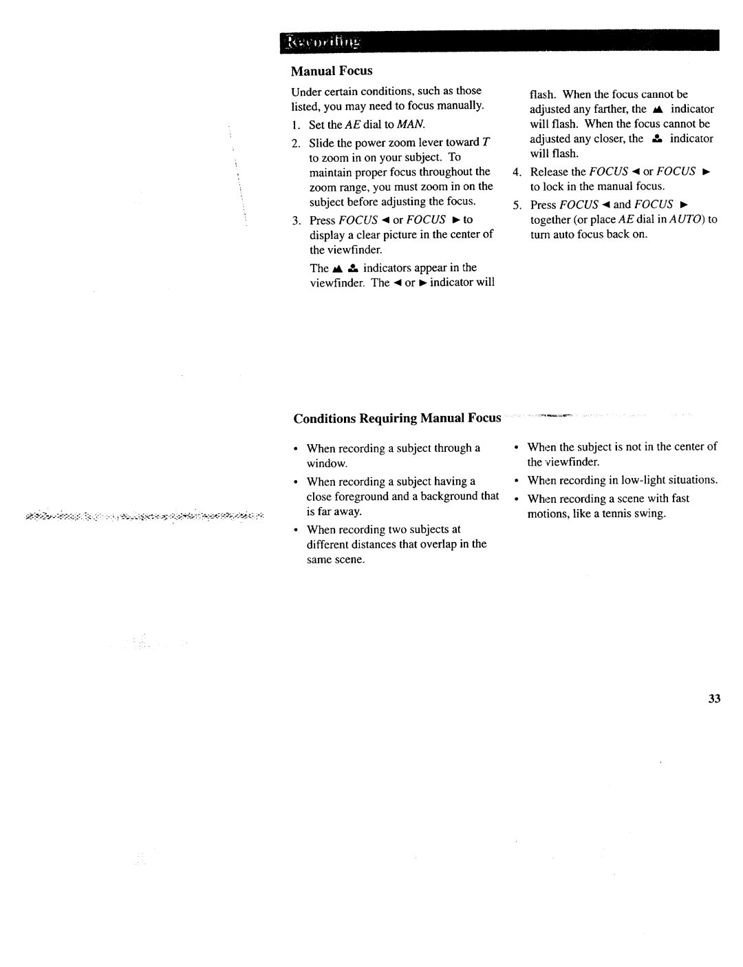 RCA CC643 manual Conditions Requiring Manual Focus 