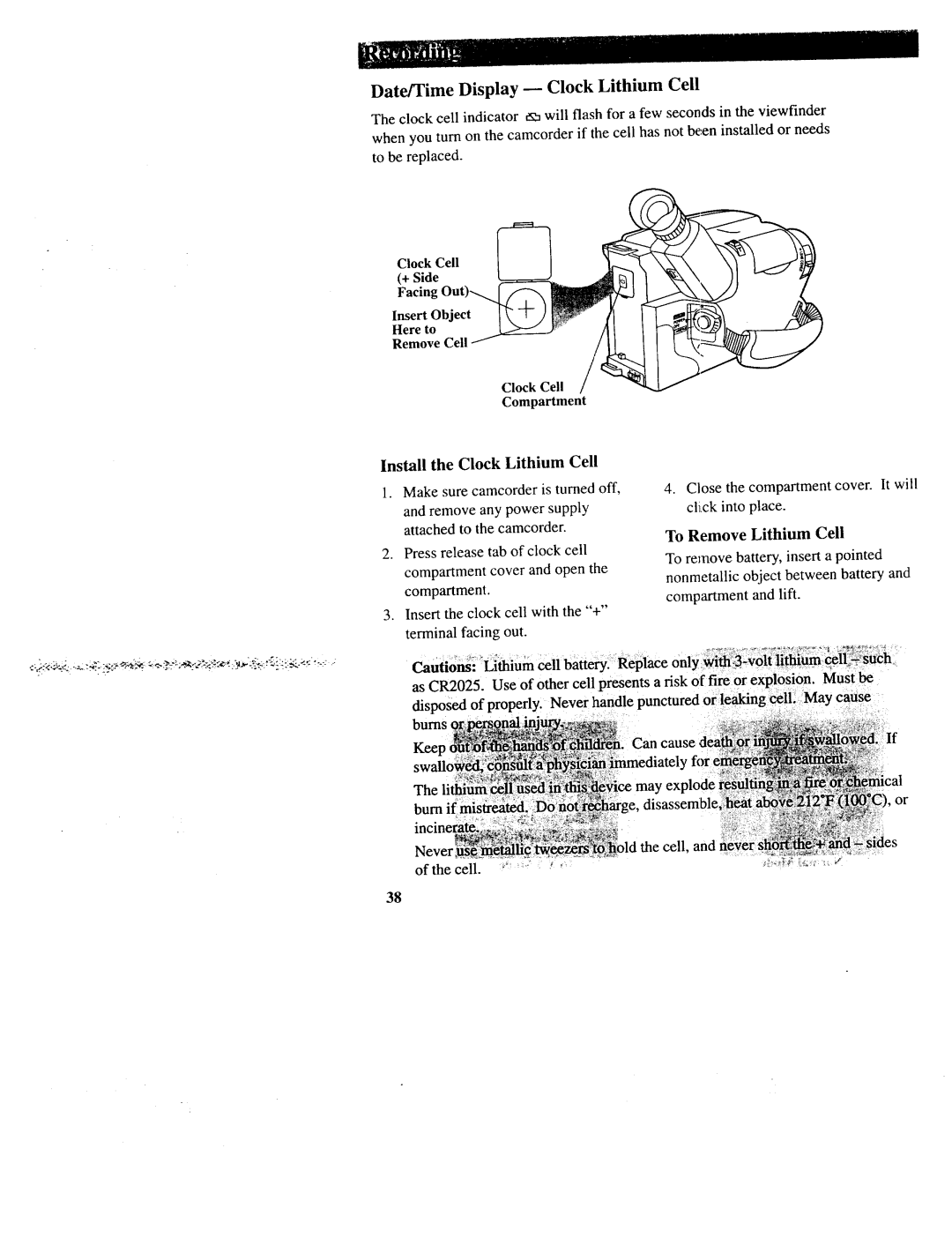 RCA CC643 manual Date/Time Display --Clock Lithium Cell, To Remove Lithium Cell 