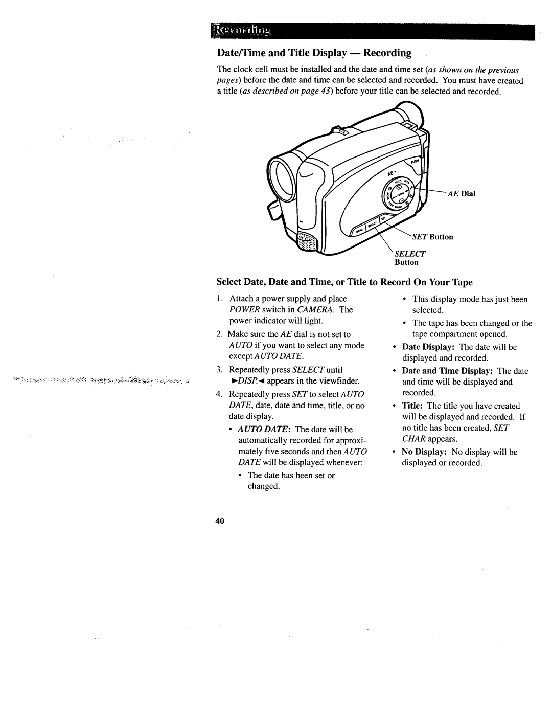 RCA CC643 manual Date/Time and Title Display m Recording, Select Date, Date and Time, or Title to Record On Your Tape 