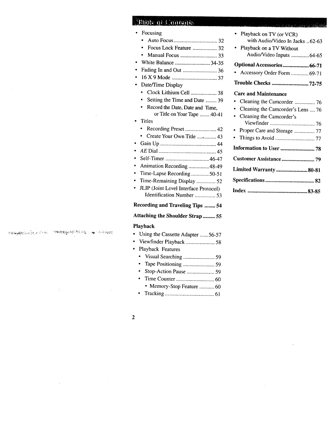 RCA CC643 manual 66-71, Information to User, Customer Assistance, 80-81, 83-85, Recording, Attaching, Playback 