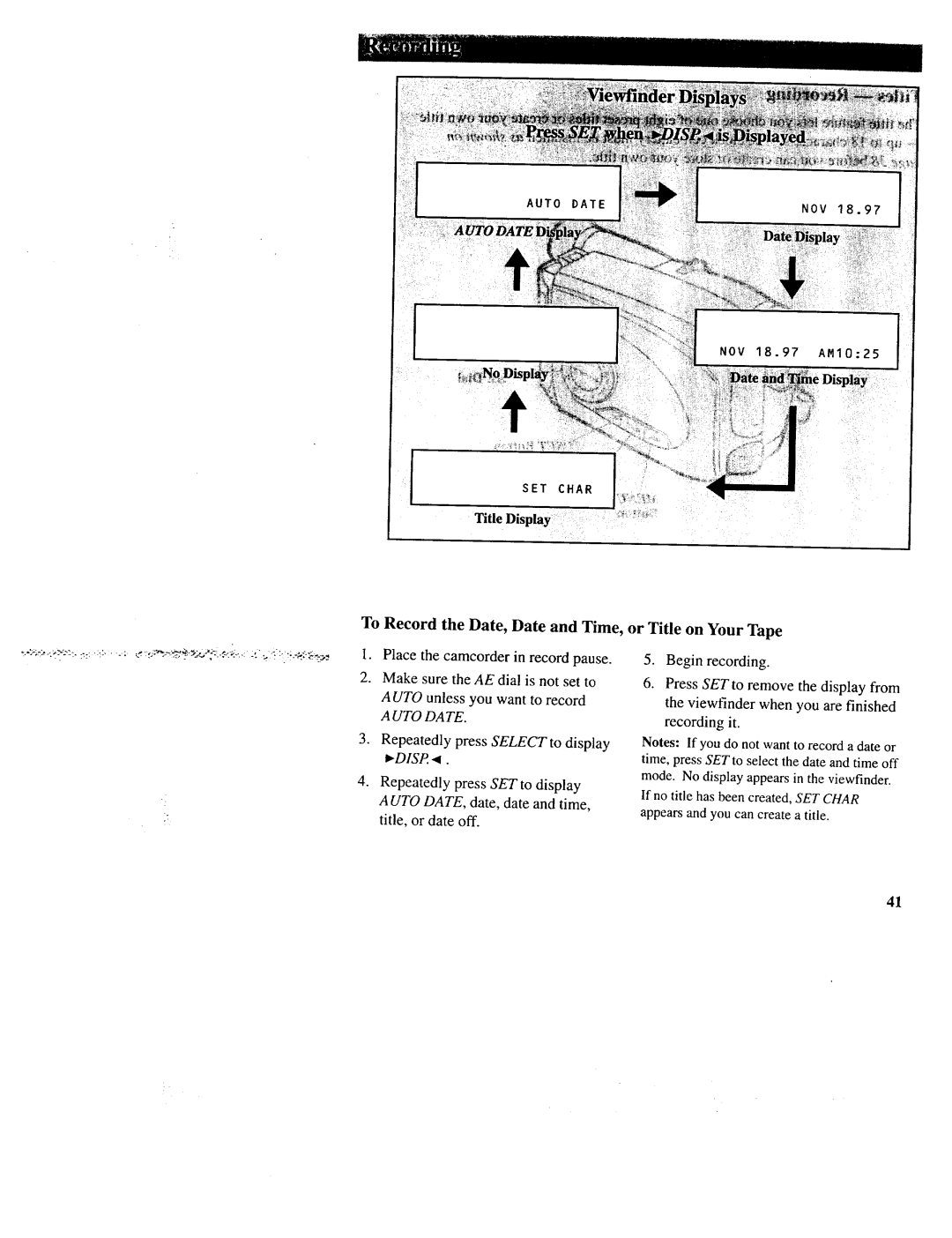 RCA CC643 manual To Record the Date, Date and Time, or Title on Your Tape, Auto Date 