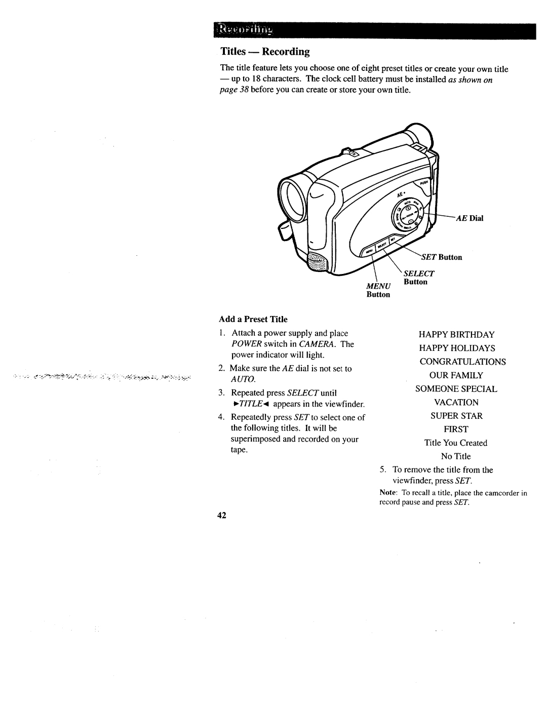 RCA CC643 manual Titles --Recording, Add a Preset Title 