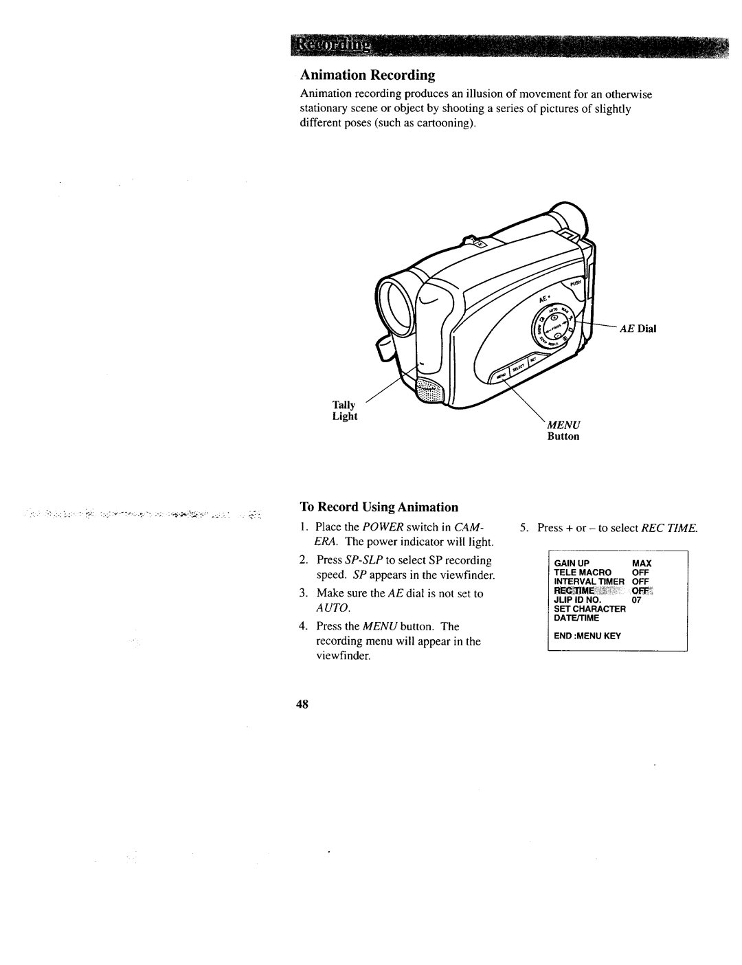 RCA CC643 manual Animation Recording, Press + or to select REC Time 