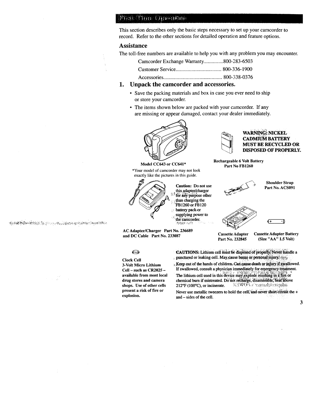 RCA CC643 manual Assistance, LiUnpack the camcorder and accessories 