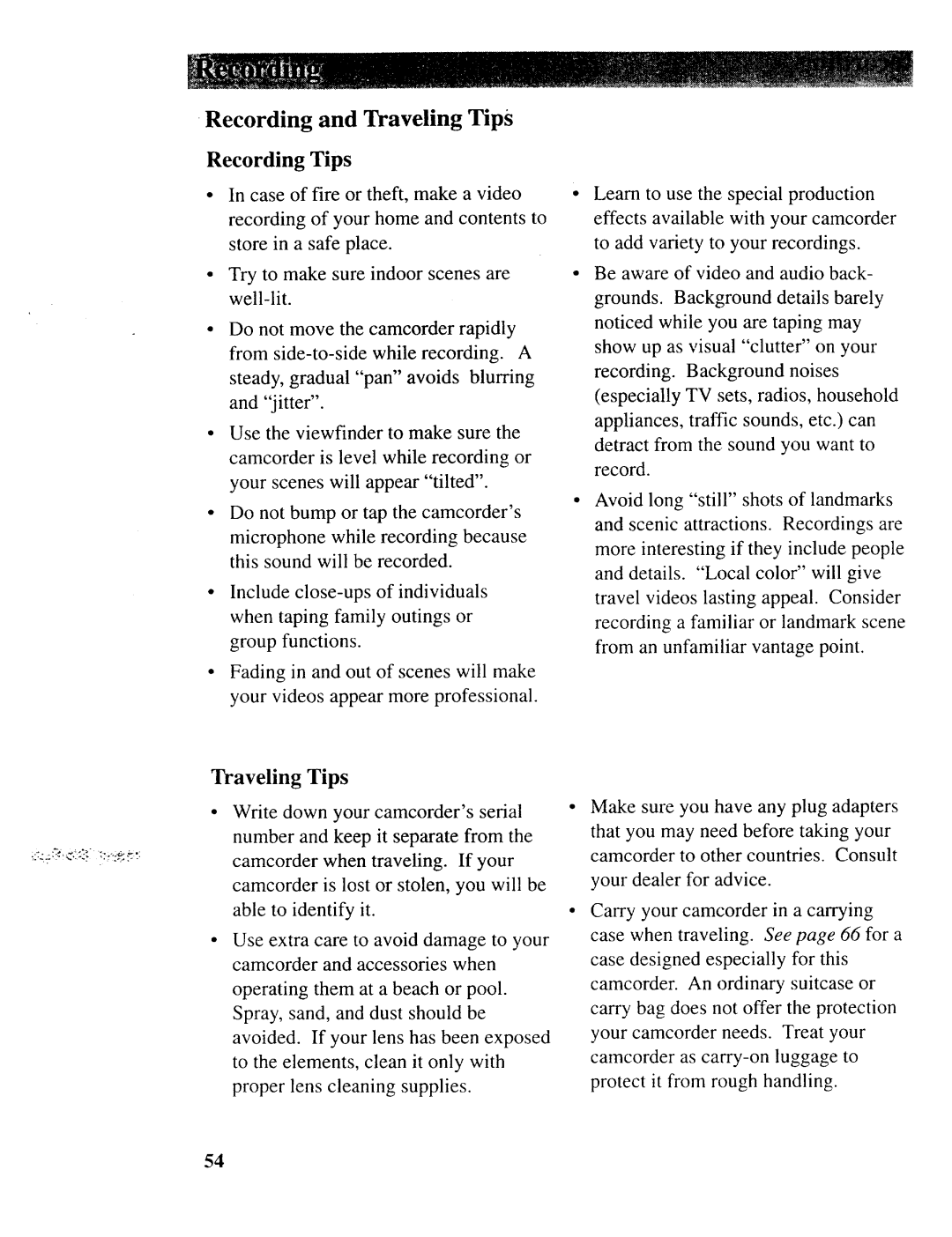 RCA CC643 manual Recording Tips, Traveling Tips 