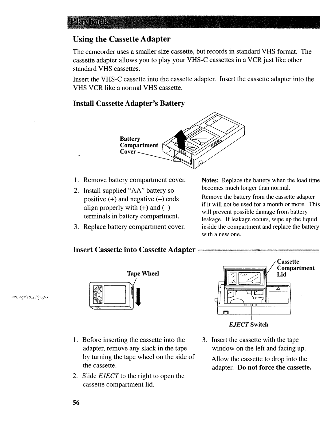 RCA CC643 manual Using the Cassette Adapter, Install Cassette Adapters Battery, Tape Wheel, Battery Compartment Cover 