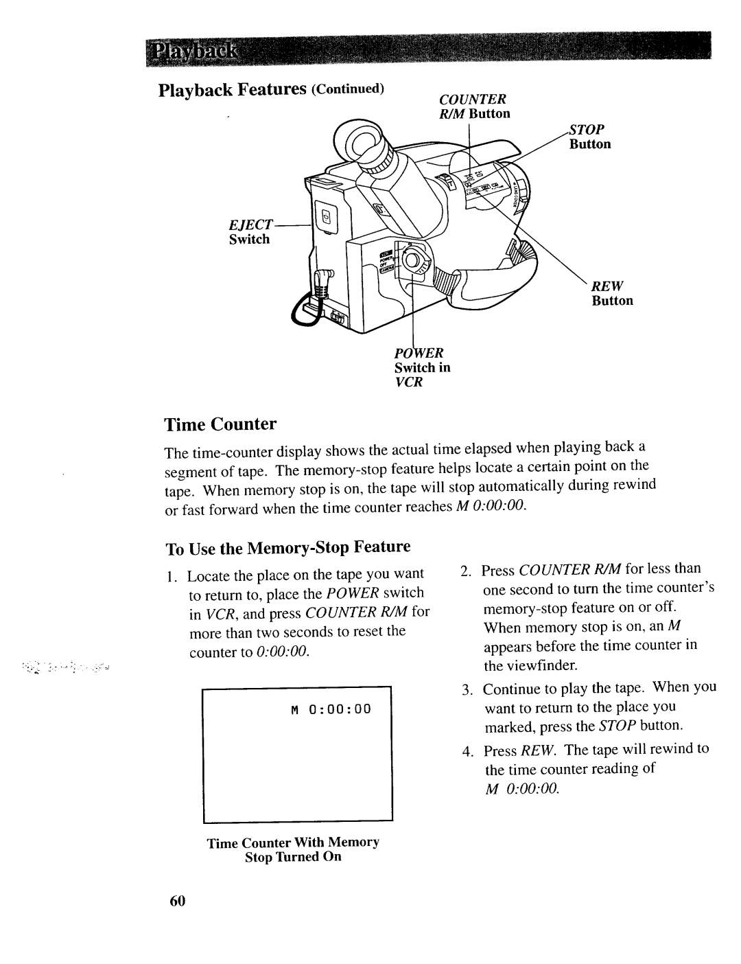 RCA CC643 manual Time Counter, To Use the Memory-Stop Feature, Switch, Stop Turned On 