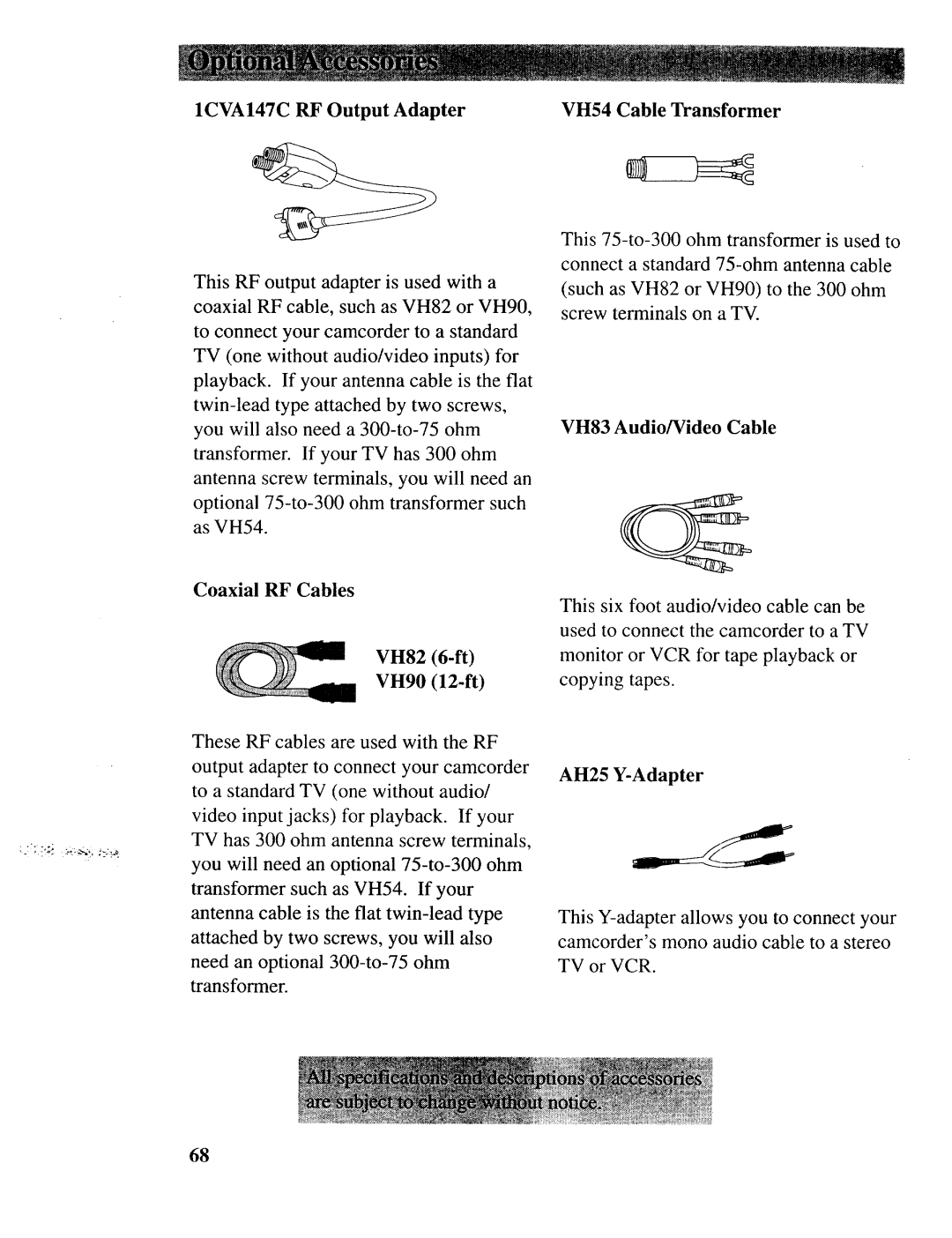 RCA CC643 manual 1CVA147C RF Output Adapter VH54 Cable Transformer, Coaxial RF Cables VH82 6-ft, AH25 Y-Adapter 