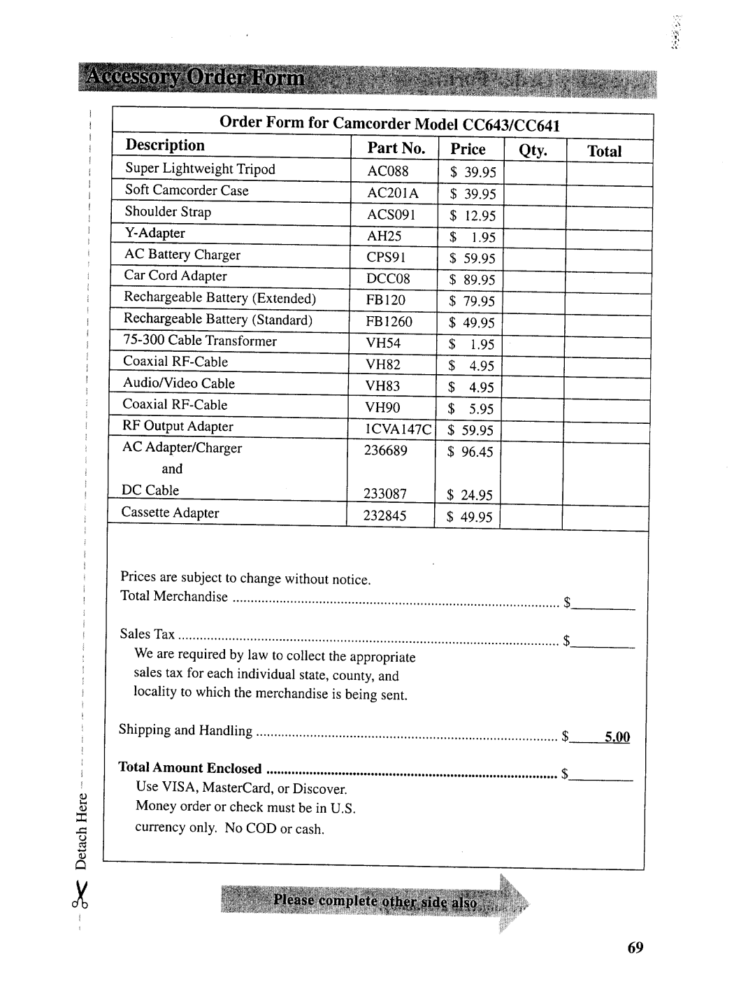 RCA manual Order Form for Camcorder Model CC643/CC641, Description 