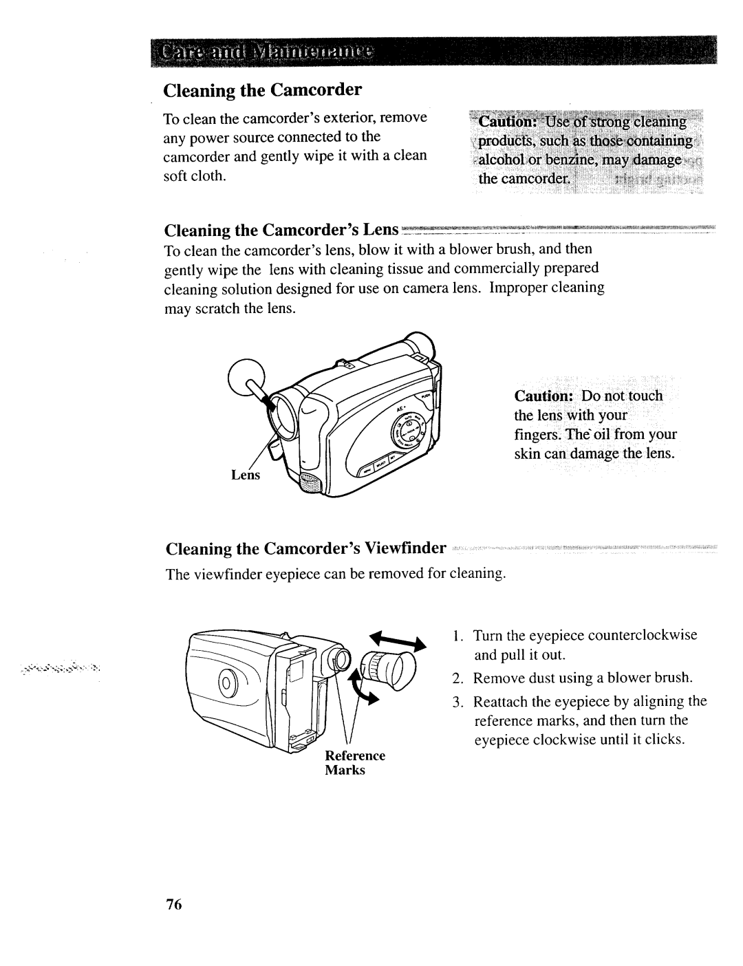 RCA CC643 manual Cleaning the Camcorders, Lens, Reference Marks 