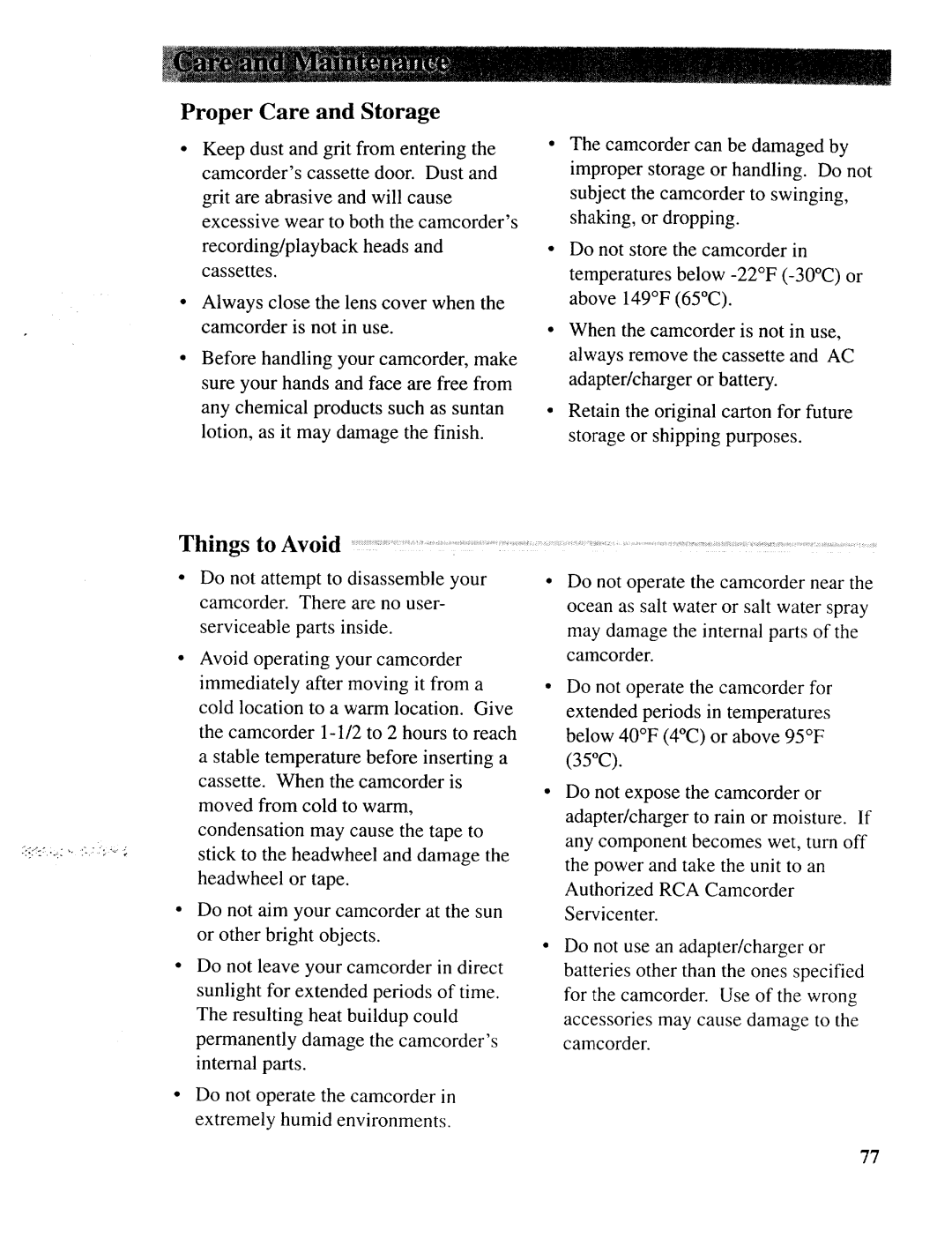 RCA CC643 manual Proper Care and Storage, Things to Avoid 