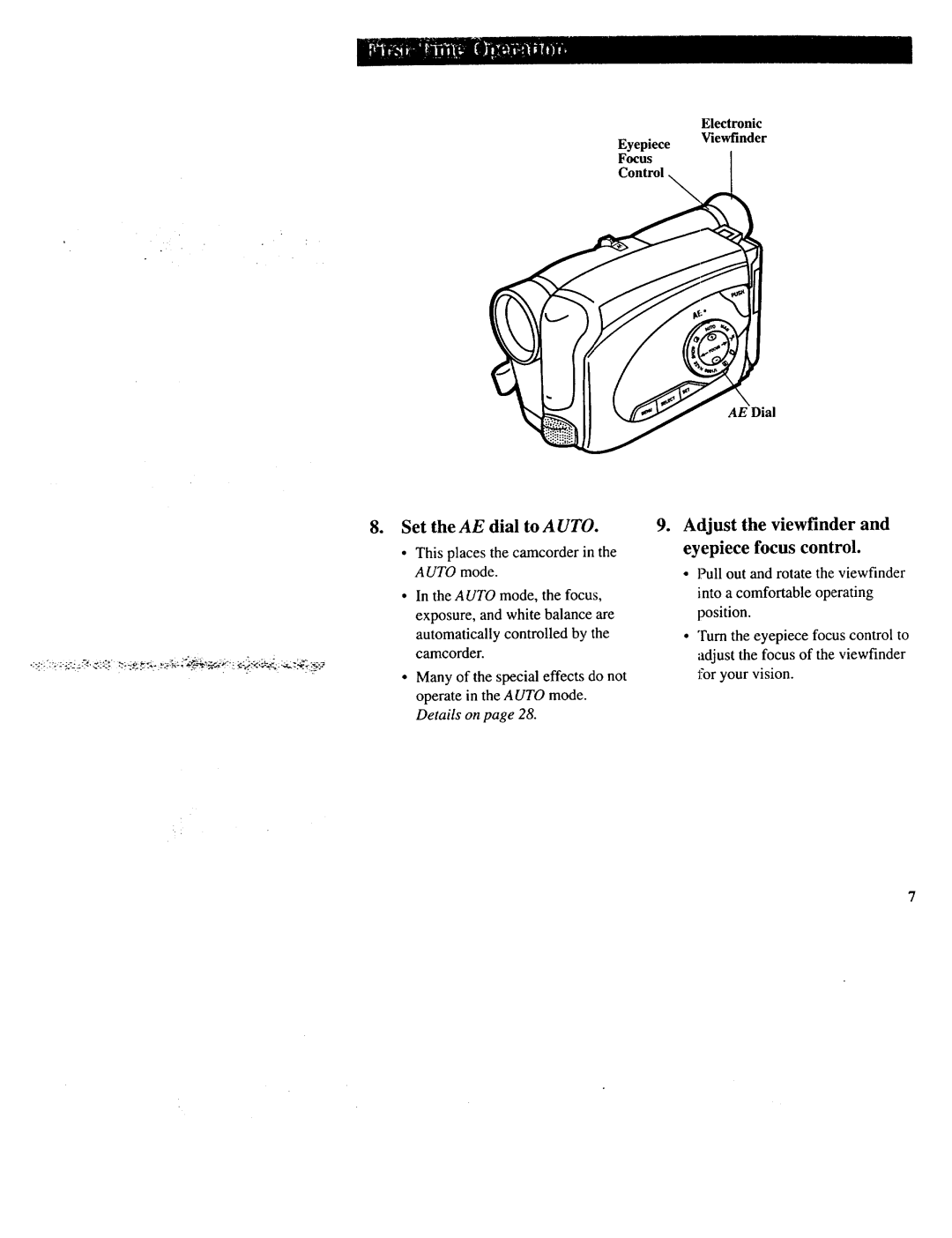 RCA CC643 manual Set the AE dial to a UTO, Adjust the viewfinder Eyepiece focus control, Eyepiece Focus, Control 