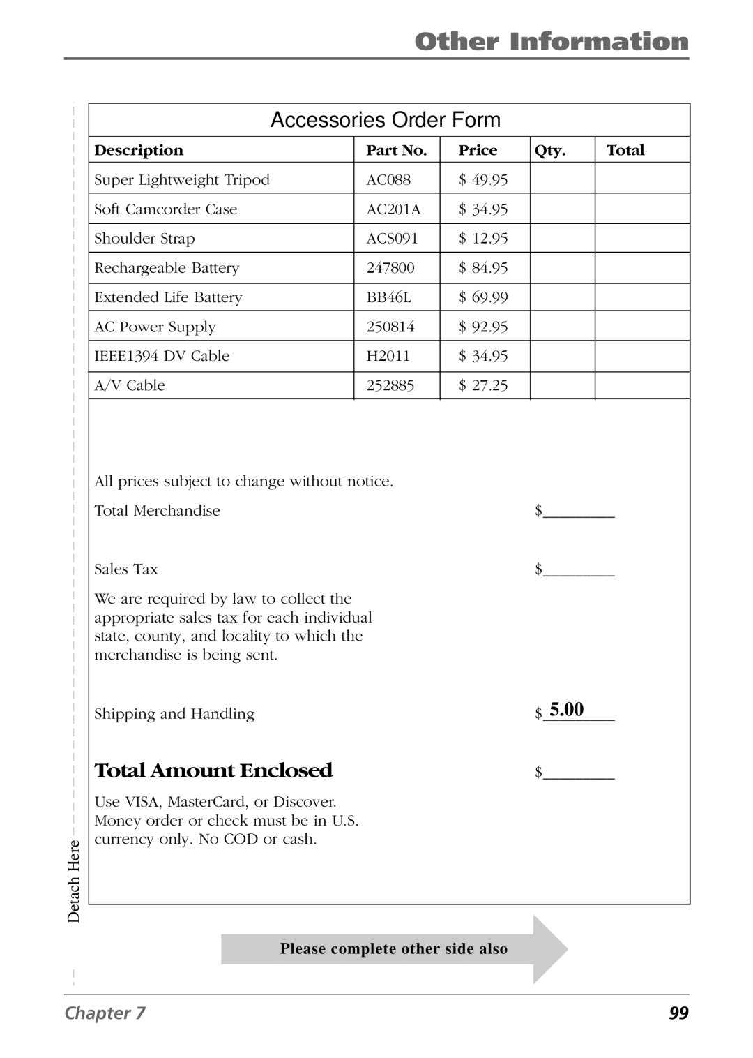 RCA CC9360 manual Accessories Order Form, Description Price Qty Total 