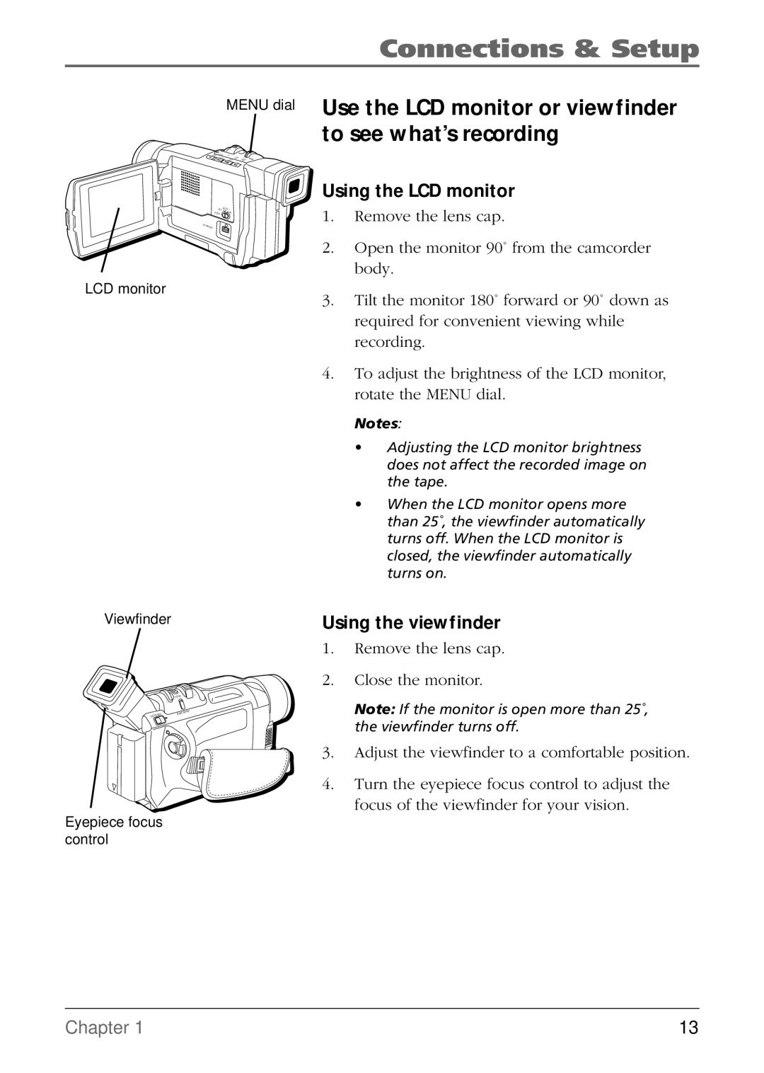 RCA CC9360 manual Use the LCD monitor or viewfinder to see what’s recording, Using the LCD monitor, Using the viewfinder 