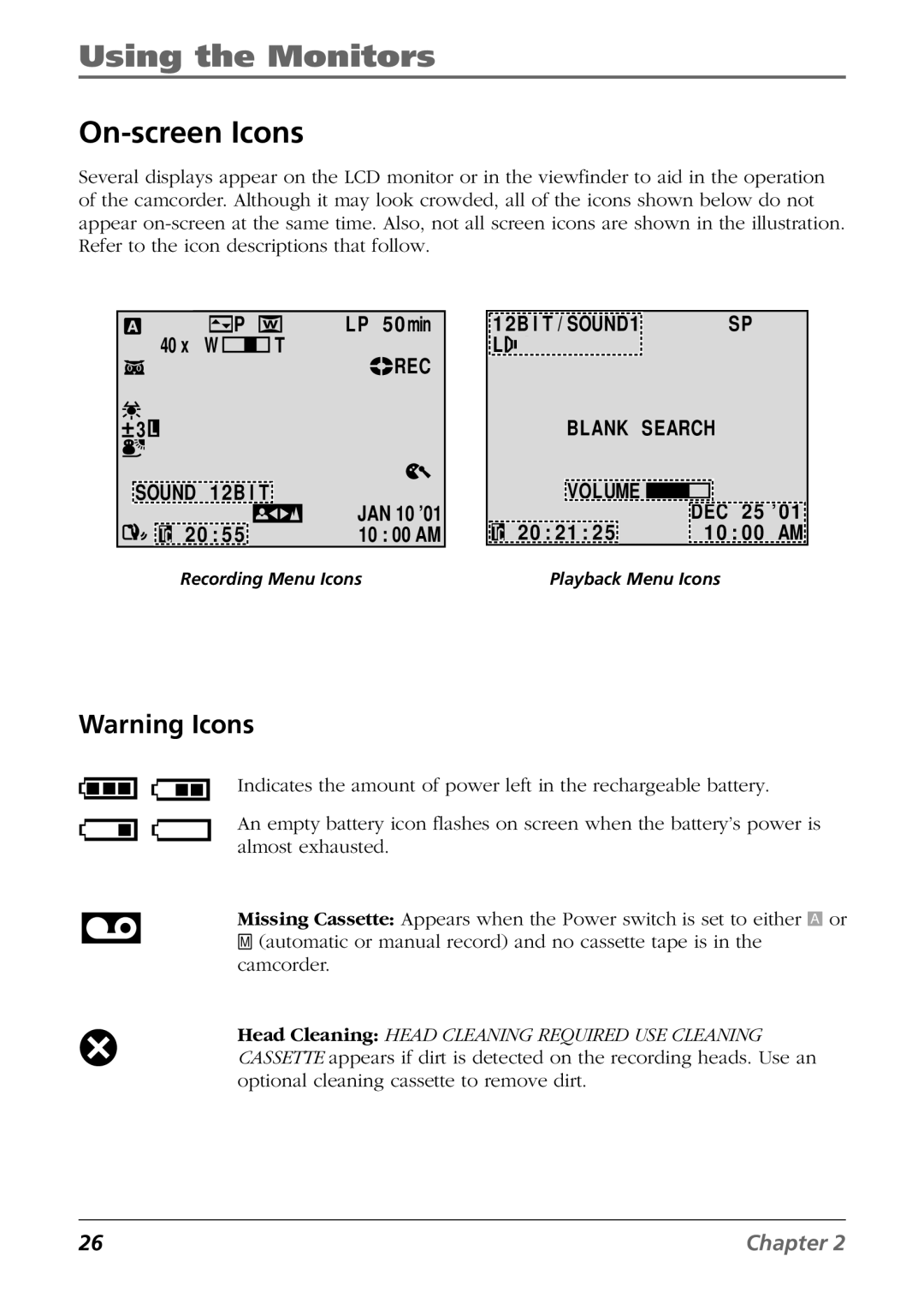 RCA CC9360 manual On-screen Icons, Dec 