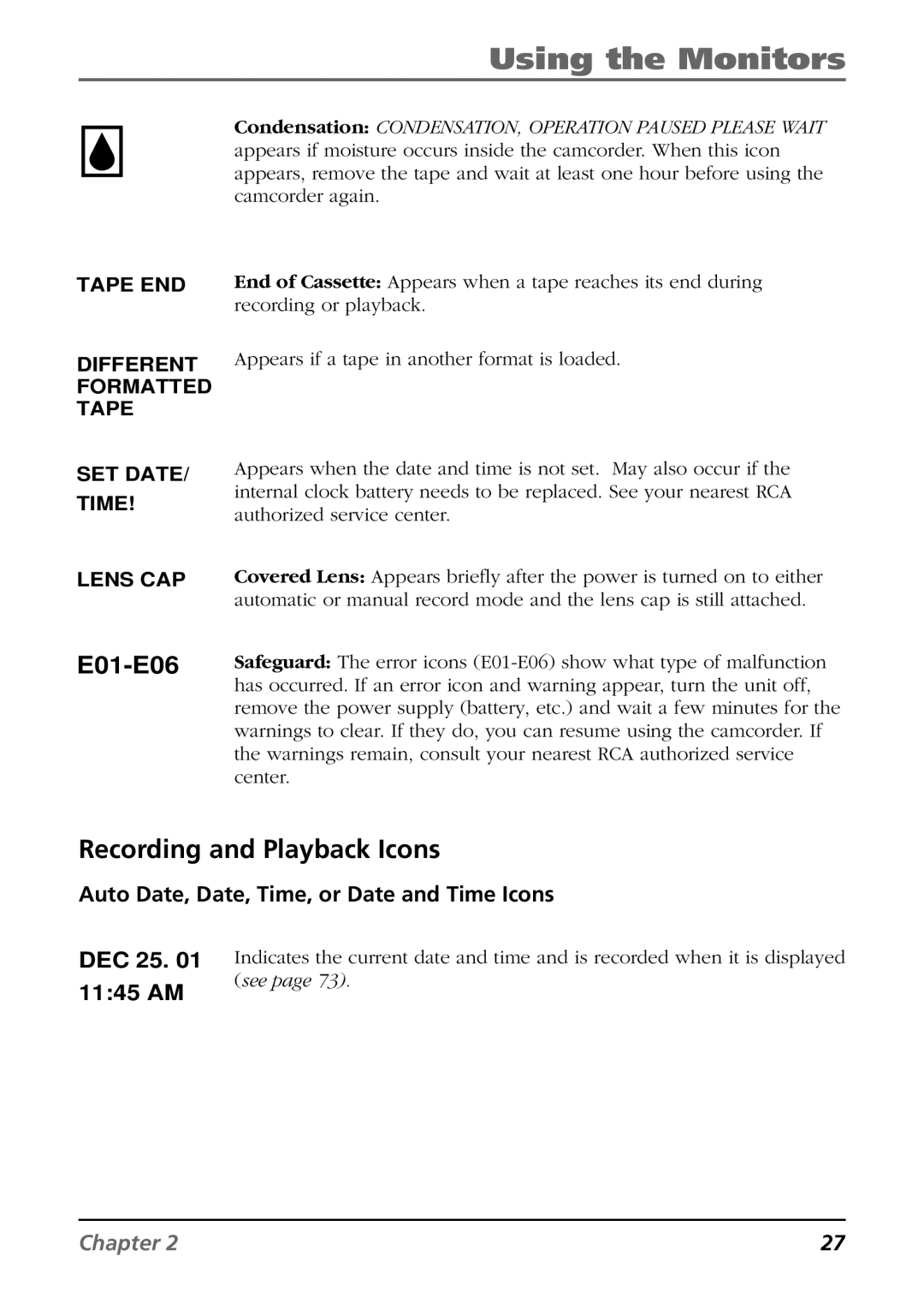 RCA CC9360 manual Recording and Playback Icons, Auto Date, Date, Time, or Date and Time Icons 