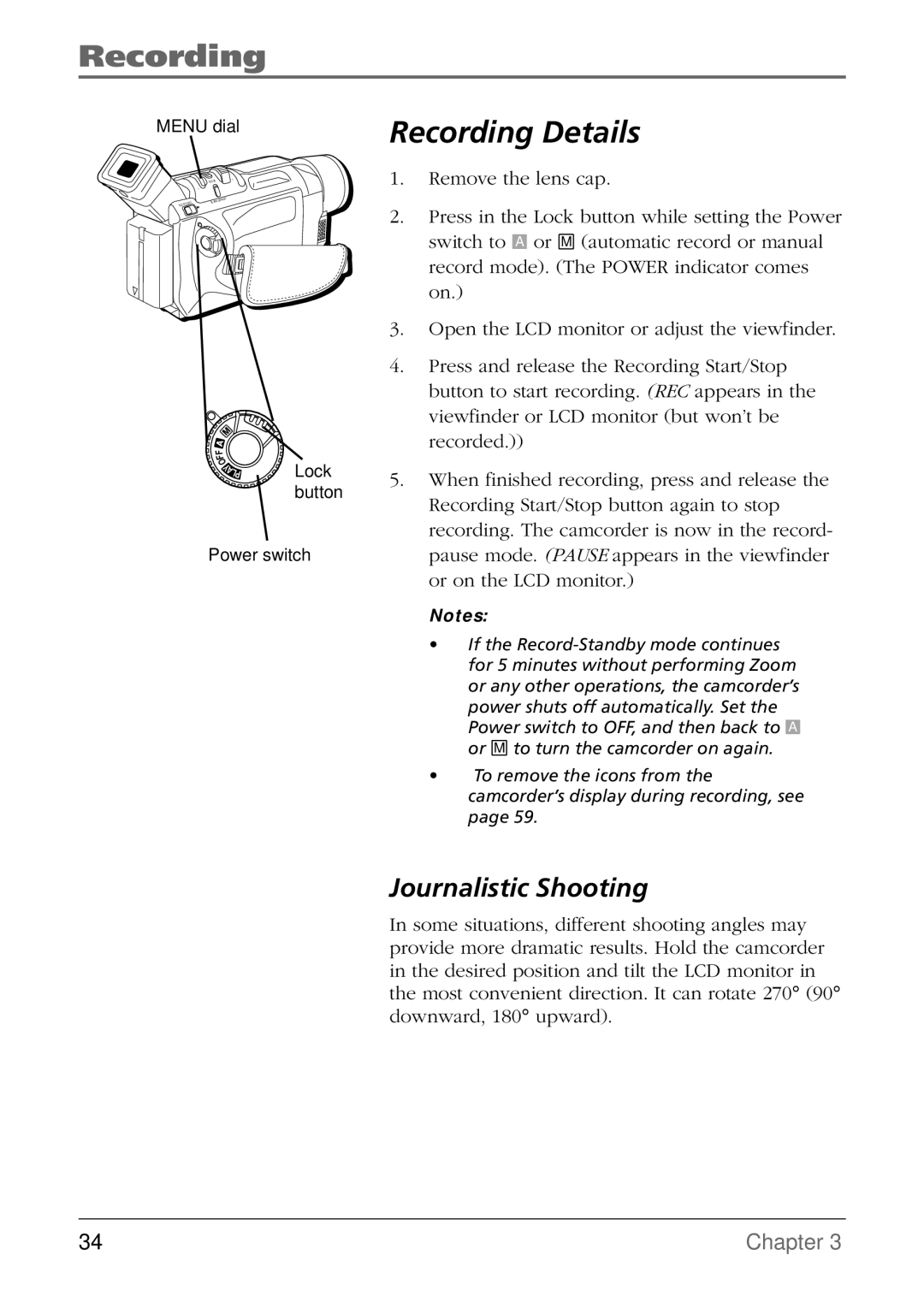 RCA CC9360 manual Recording Details, Journalistic Shooting 