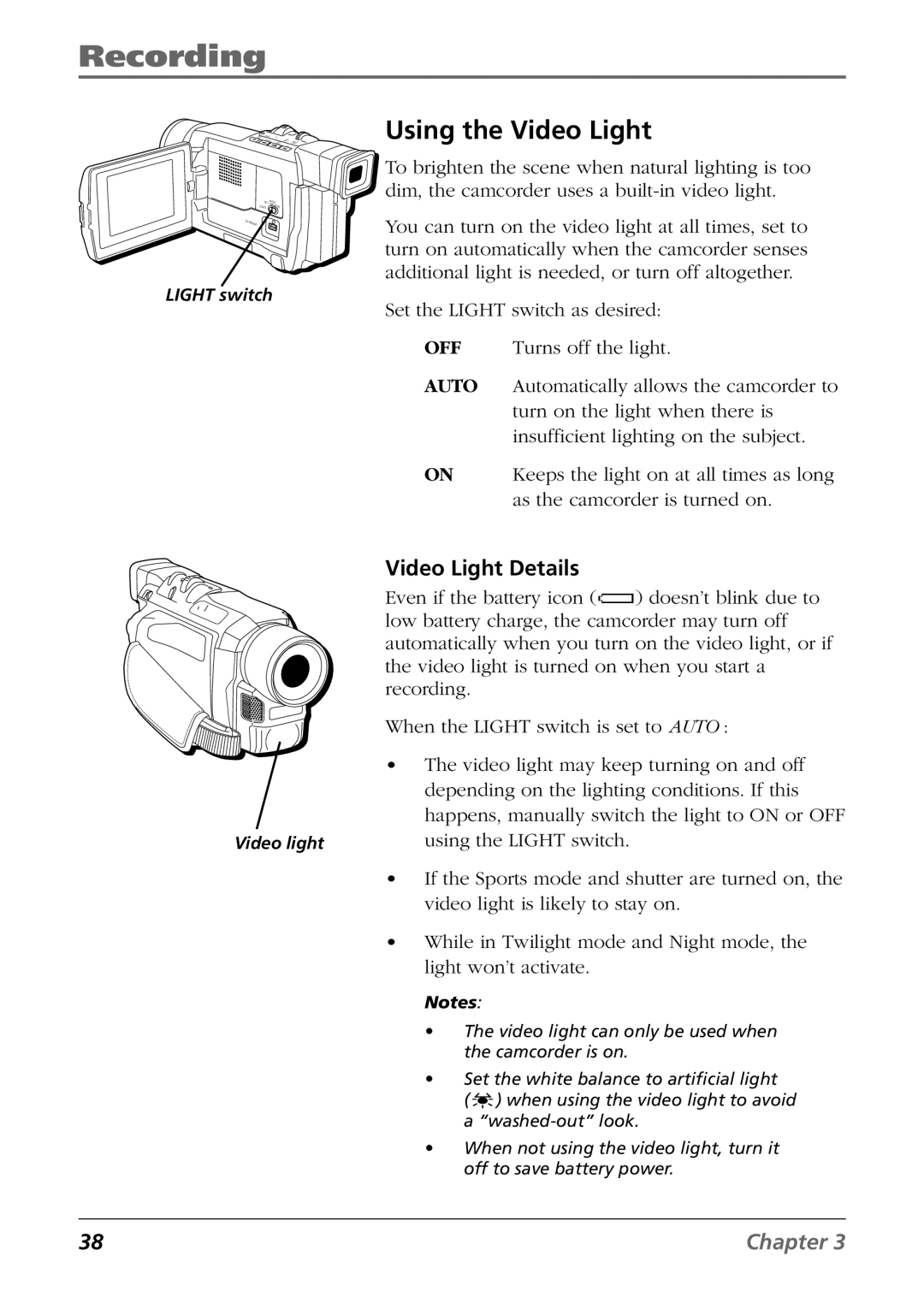 RCA CC9360 manual Using the Video Light, Video Light Details 