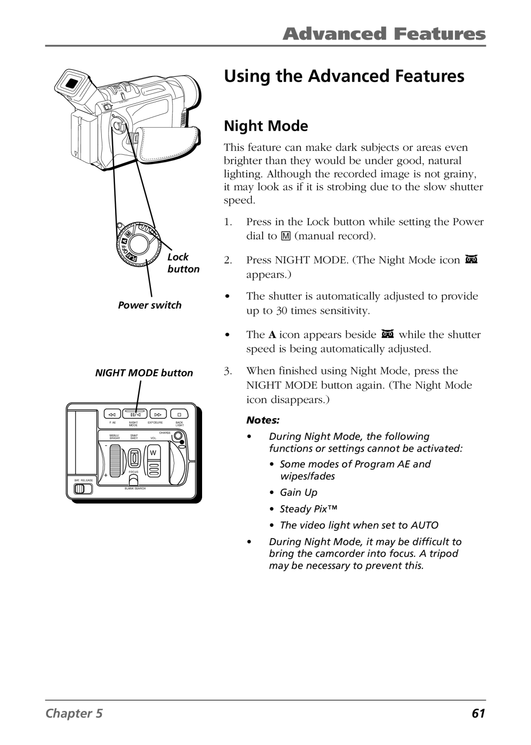 RCA CC9360 manual Using the Advanced Features, Night Mode 