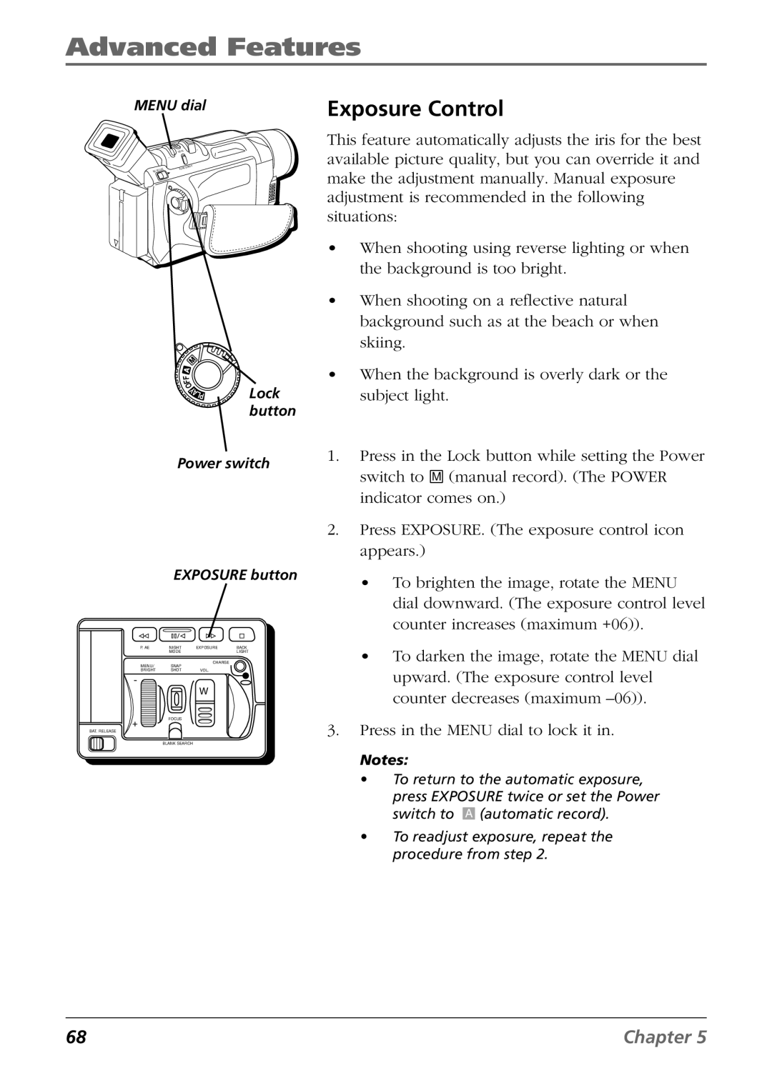 RCA CC9360 manual Exposure Control, Power switch Exposure button 