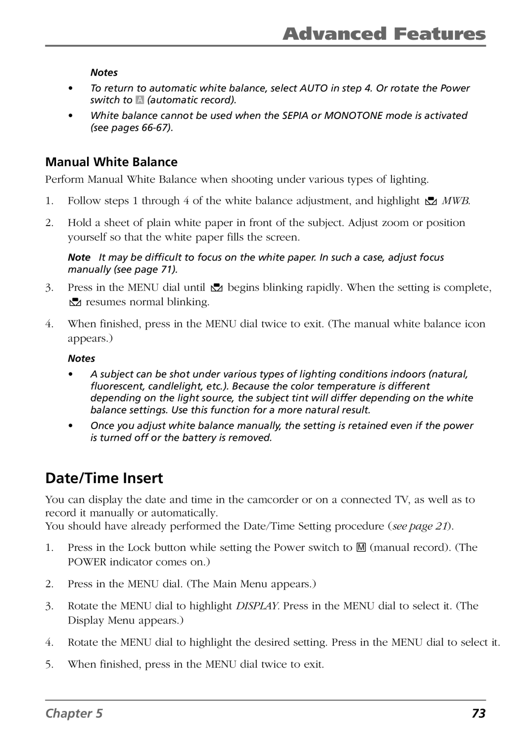 RCA CC9360 manual Date/Time Insert, Manual White Balance 