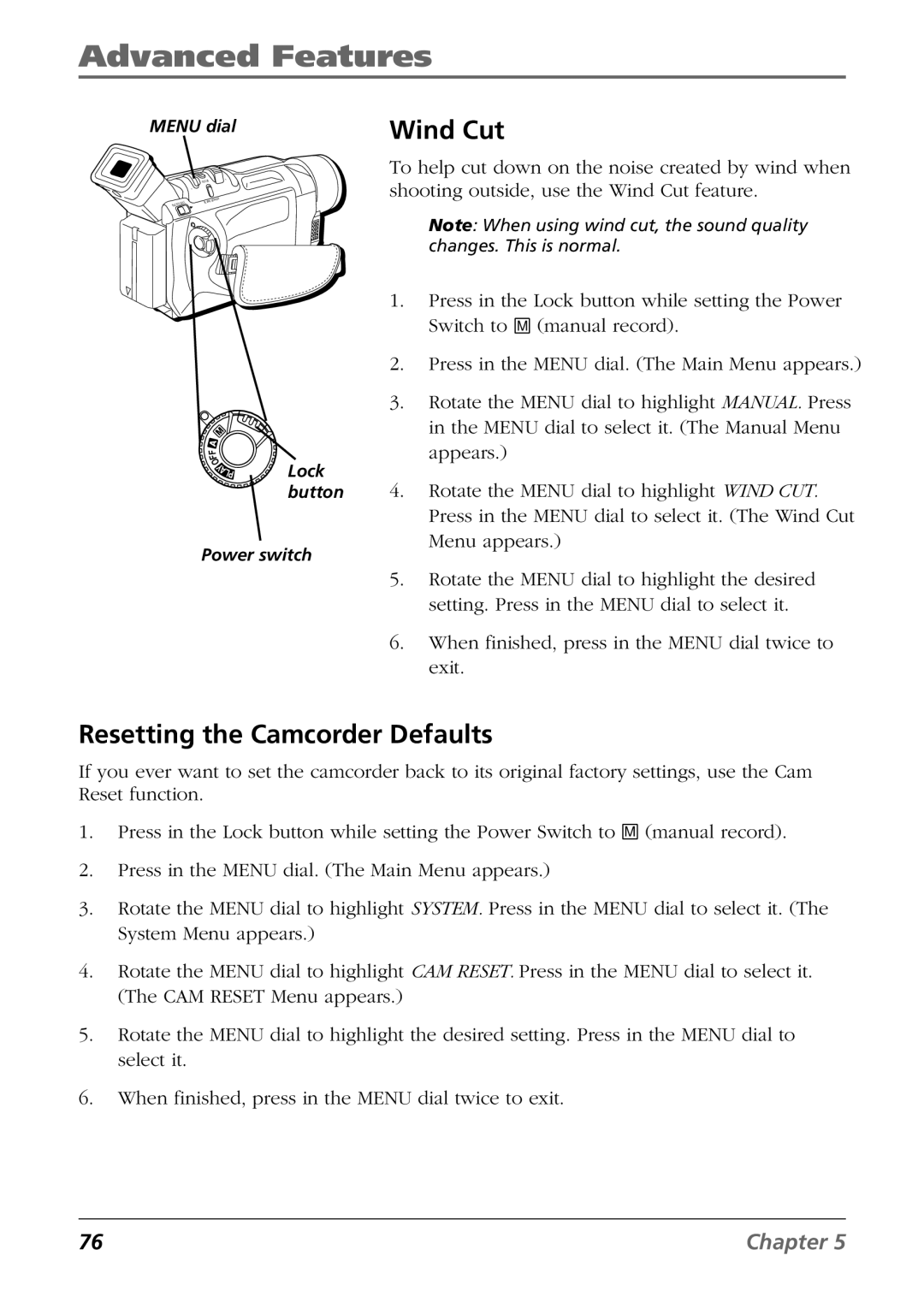 RCA CC9360 manual Wind Cut, Resetting the Camcorder Defaults 