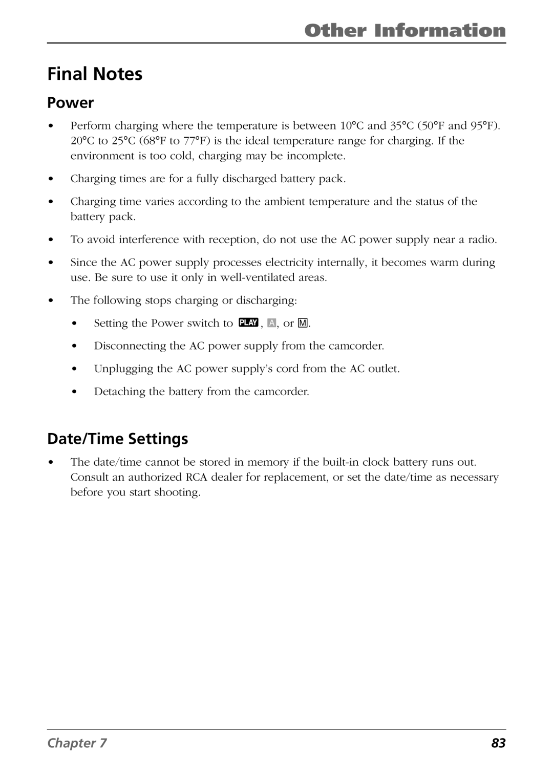 RCA CC9360 manual Final Notes, Power, Date/Time Settings 