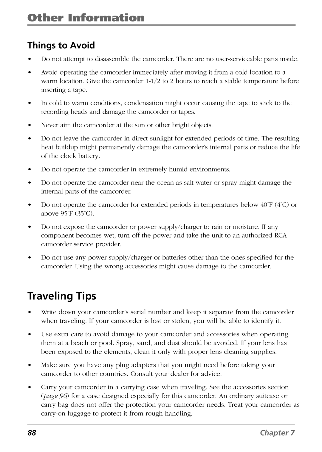 RCA CC9360 manual Traveling Tips, Things to Avoid 