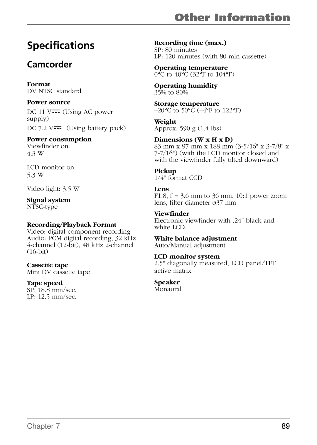 RCA CC9360 manual Specifications, Camcorder 