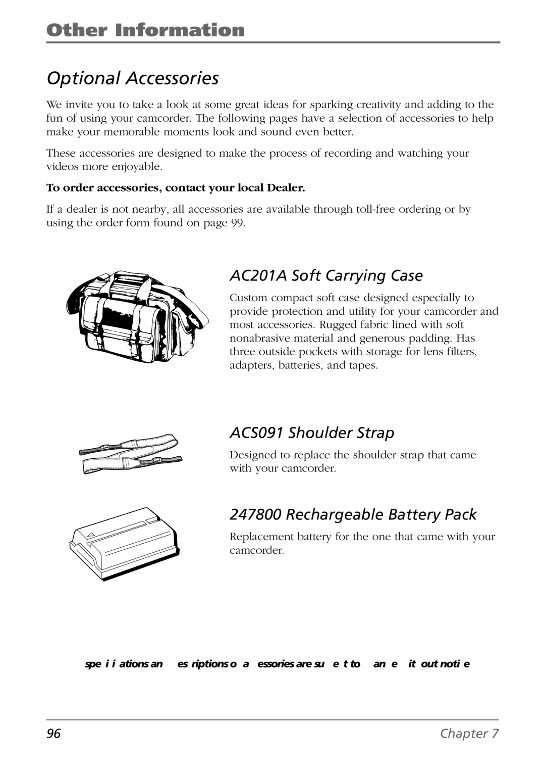 RCA CC9360 manual Optional Accessories, AC201A Soft Carrying Case, ACS091 Shoulder Strap, Rechargeable Battery Pack 