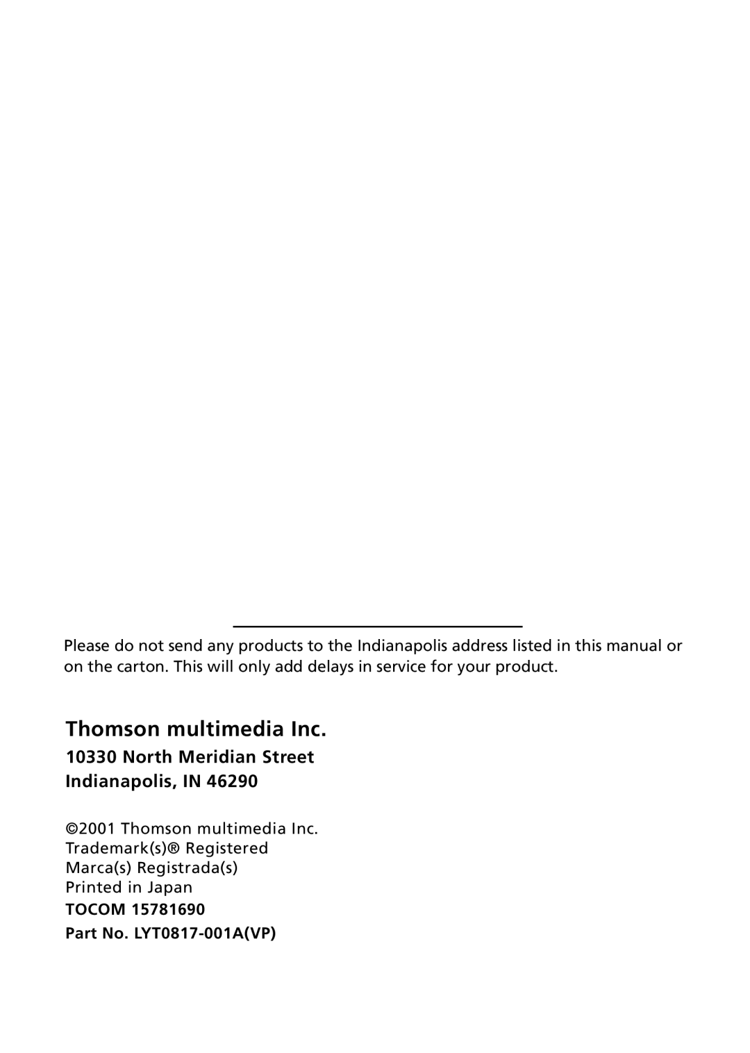 RCA CC9360 manual Thomson multimedia Inc, North Meridian Street Indianapolis 