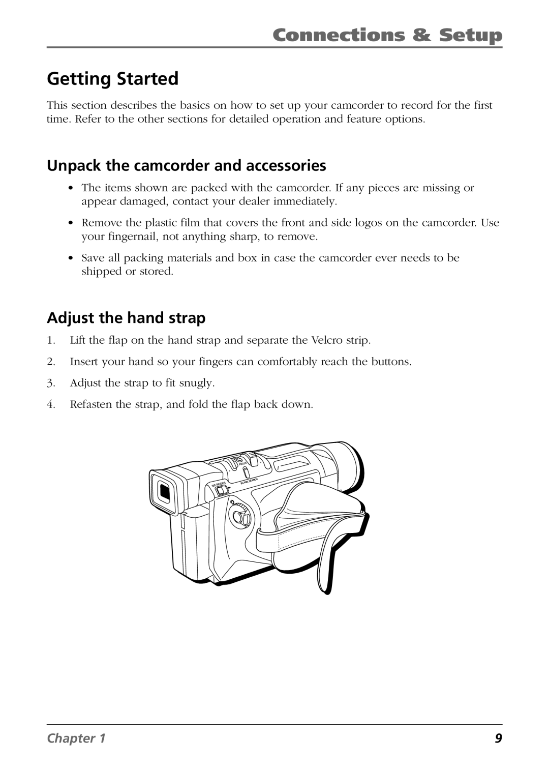 RCA CC9360 manual Getting Started, Unpack the camcorder and accessories, Adjust the hand strap 