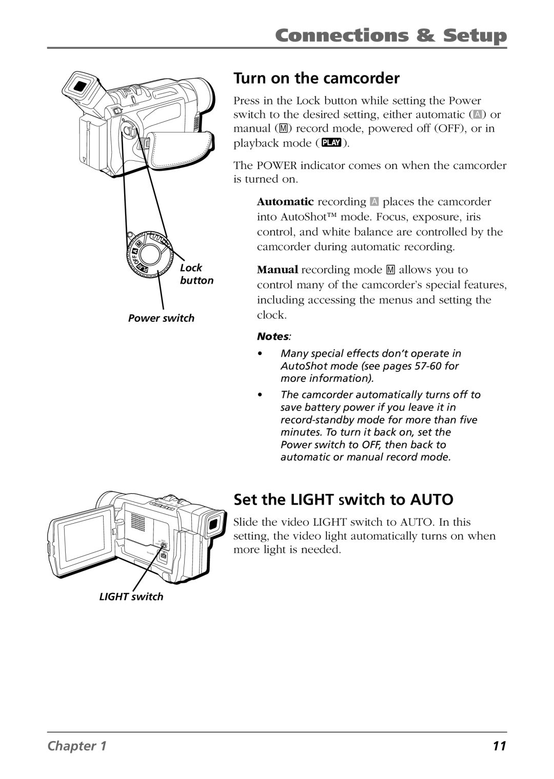 RCA CC9360 manual Turn on the camcorder, Set the Light Switch to Auto 