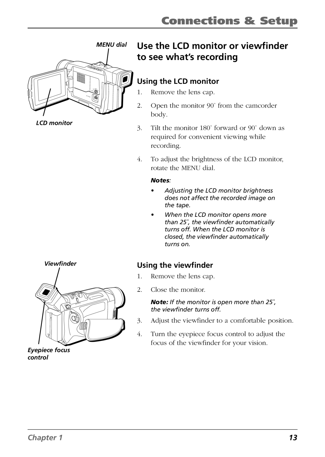 RCA CC9360 manual Use the LCD monitor or viewfinder to see what’s recording, Using the LCD monitor, Using the viewfinder 