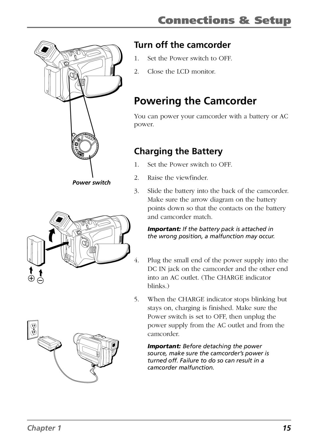 RCA CC9360 manual Powering the Camcorder, Turn off the camcorder, Charging the Battery 