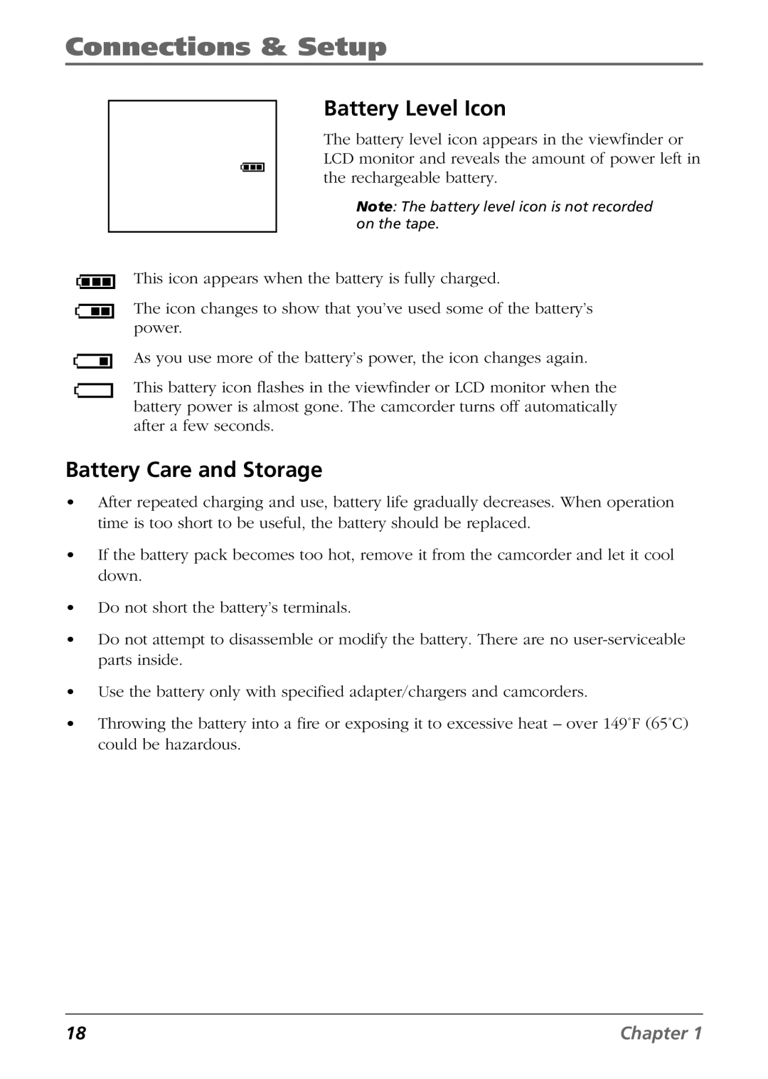 RCA CC9360 manual Battery Level Icon, Battery Care and Storage 