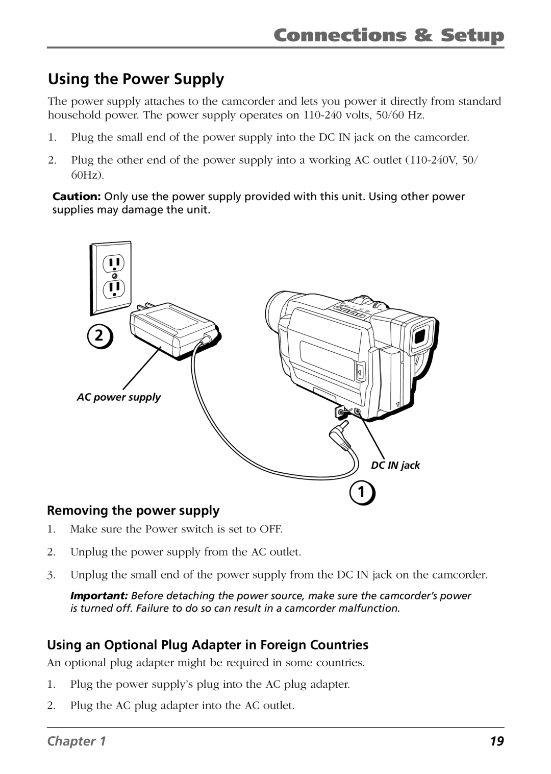 RCA CC9360 manual Using the Power Supply, Removing the power supply, Using an Optional Plug Adapter in Foreign Countries 