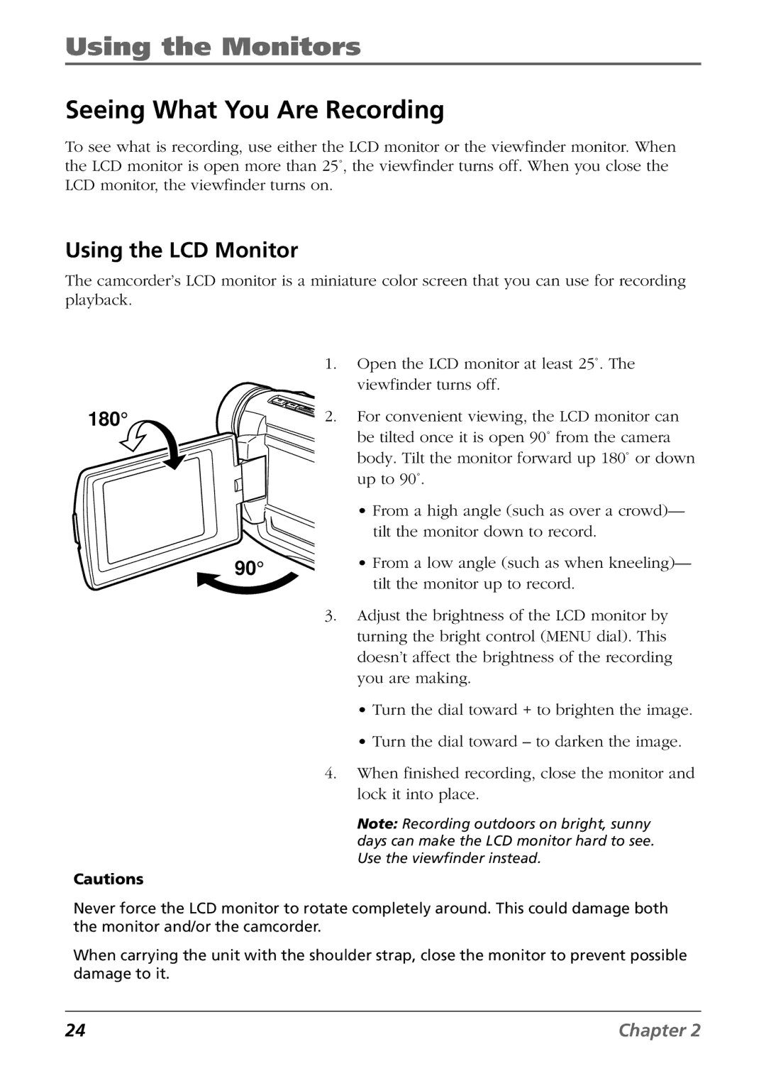 RCA CC9360 manual Using the Monitors, Seeing What You Are Recording, Using the LCD Monitor 