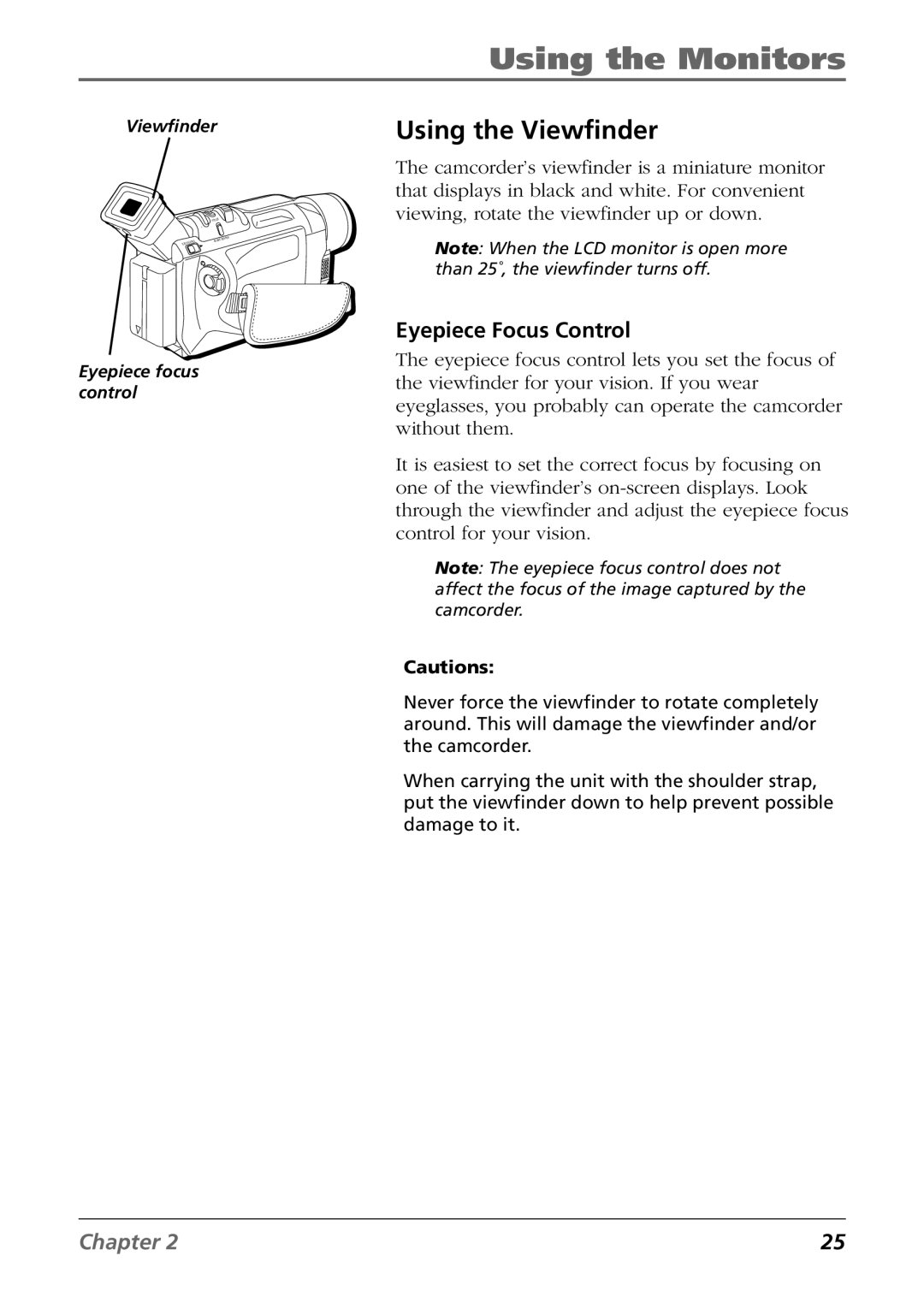 RCA CC9360 manual Using the Viewfinder, Eyepiece Focus Control 