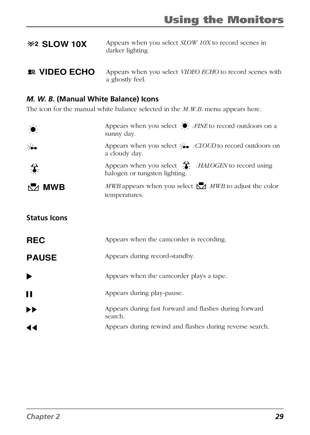 RCA CC9360 manual B. Manual White Balance Icons, Status Icons 